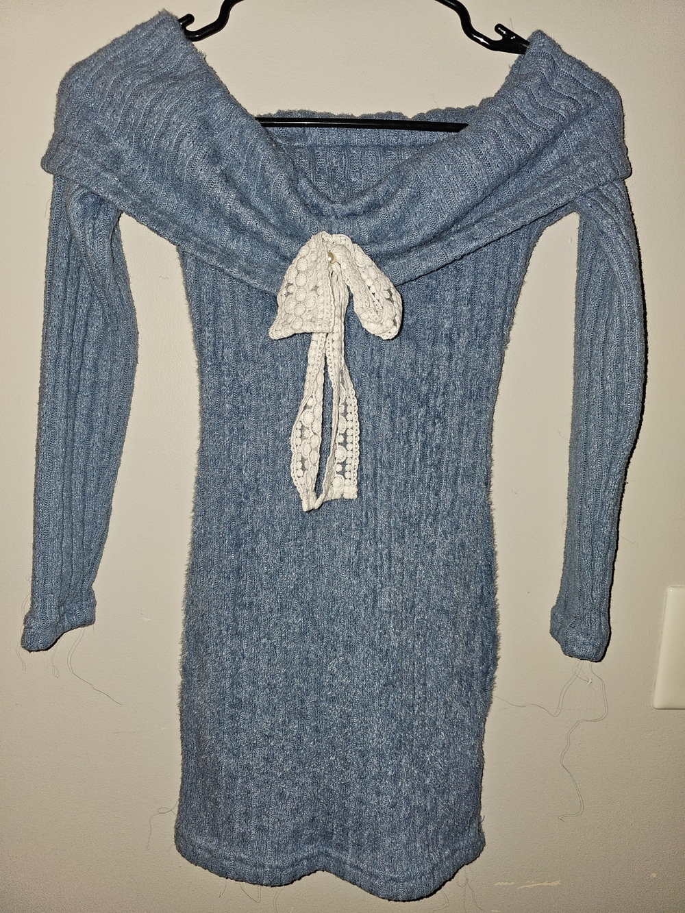 SHEIN Light Blue Off-Shoulder Knit Mini Dress with White Lace Tie